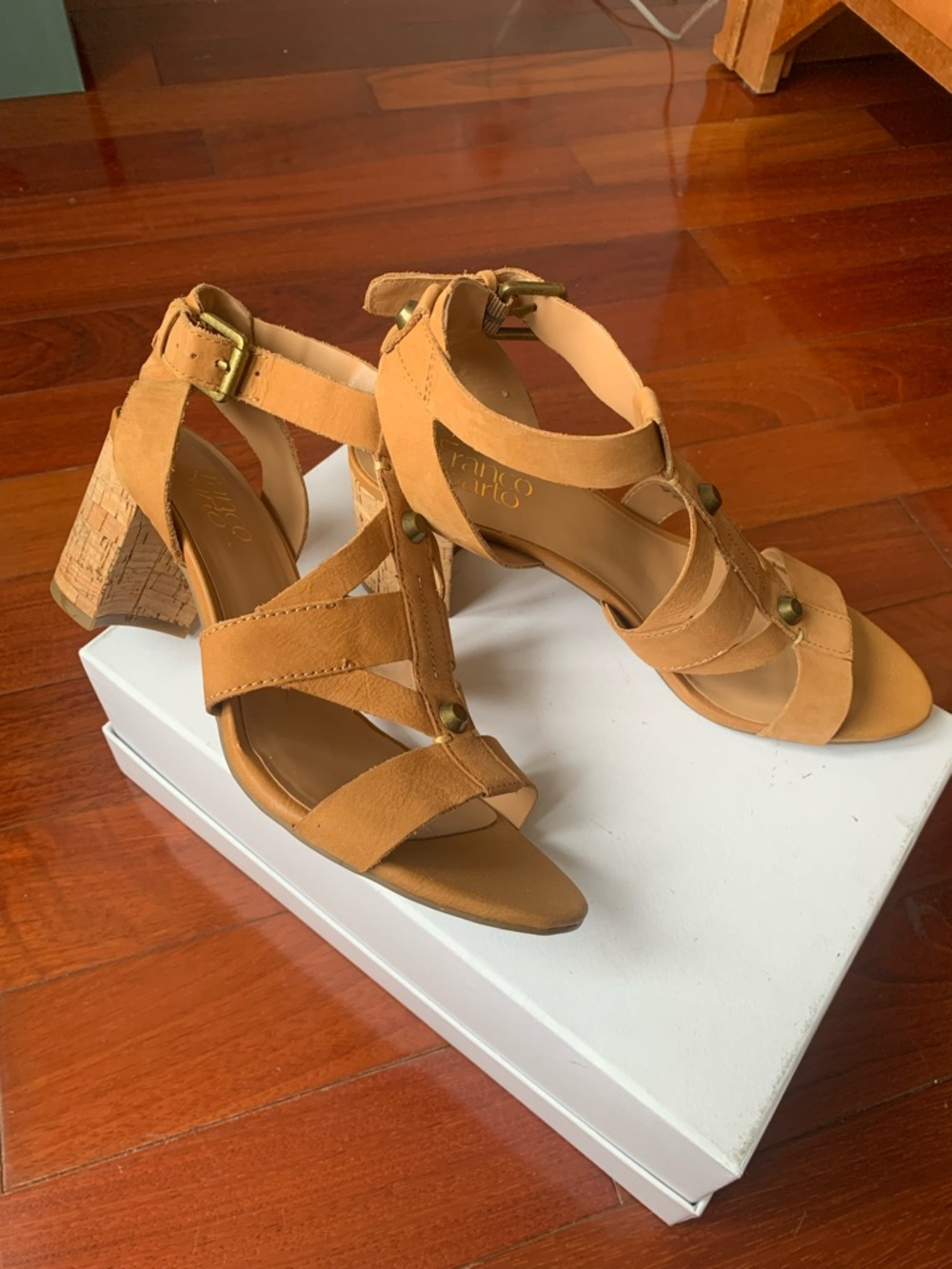 NEW Franco Sarto Cognac Suede Strappy Cork Block Heel Sandals
